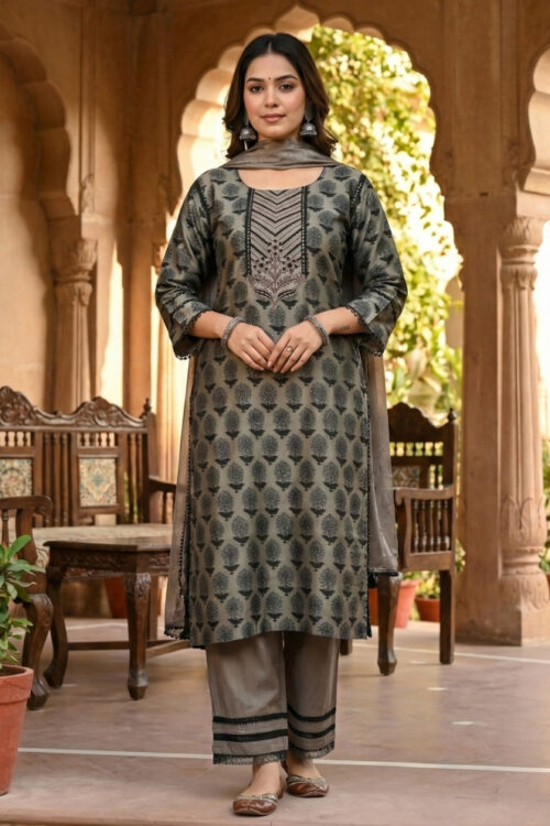 Grey Silk Printed Kurti Set with Georgette Dupatta  – Festive Wear