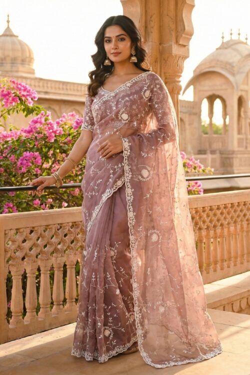 Mocha Brown Glass Tissue Handwork Saree with Unstitched Blouse