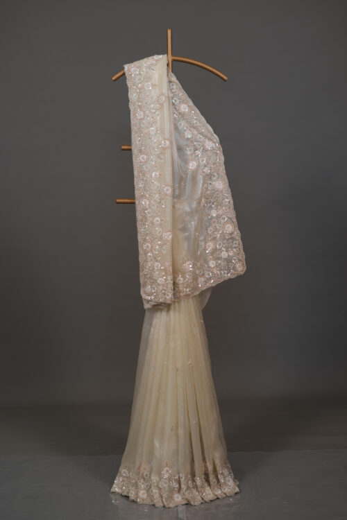 Ivory Glass Tissue Saree with Hand Embroidered Border & Attached Blouse – Party Wear