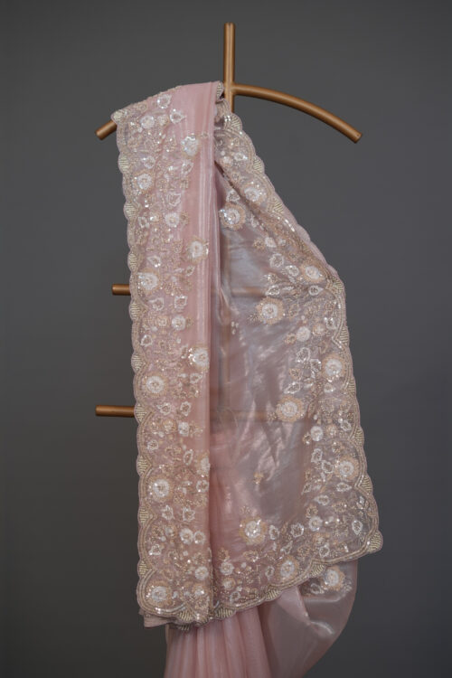 Pink Glass Tissue Saree with Hand Embroidered Border & Attached Blouse – Party Wear