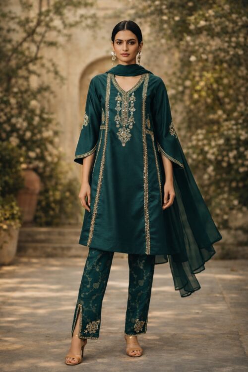 Green Silk Kurti Set with Pant and Dupatta