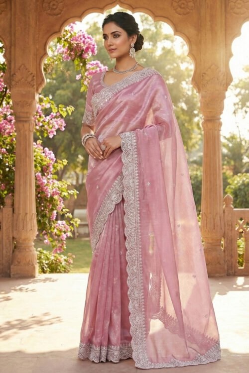 Pink Glass Tissue Saree with Hand Embroidered Border & Attached Blouse – Party Wear