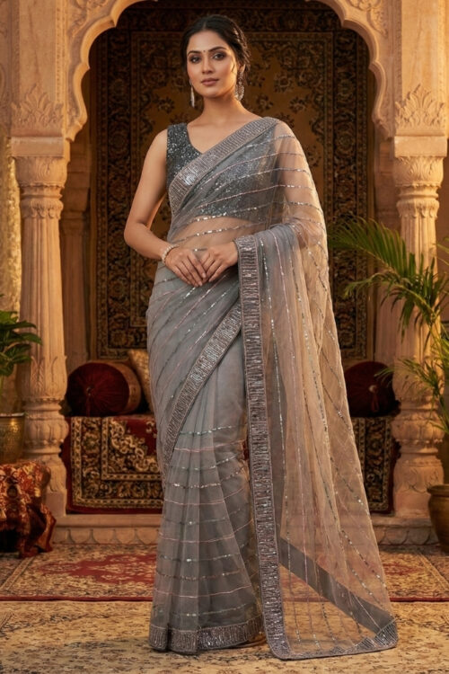 Grey Net Designer Saree with Attached Blouse – Party & Festive Wear