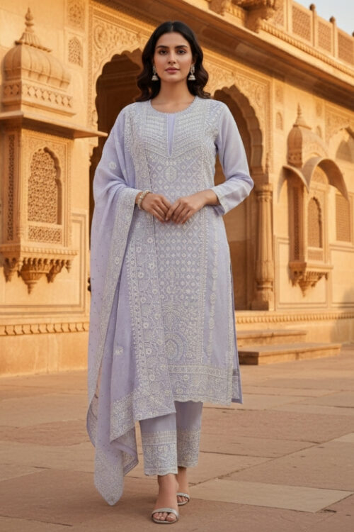Lavender Silk Salwar Suit with Hand Embroidery