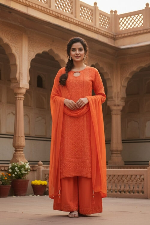 Orange Chiffon Silk Palazzo Suit with Embroidery & Sequins Work