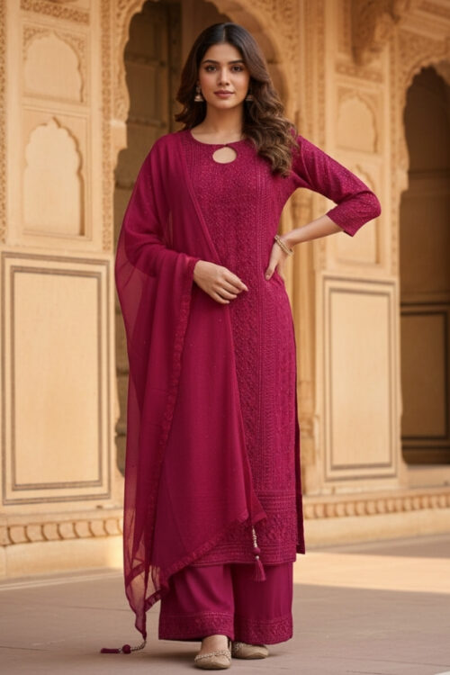 Rani Chiffon Silk Palazzo Suit with Embroidery & Sequins Work