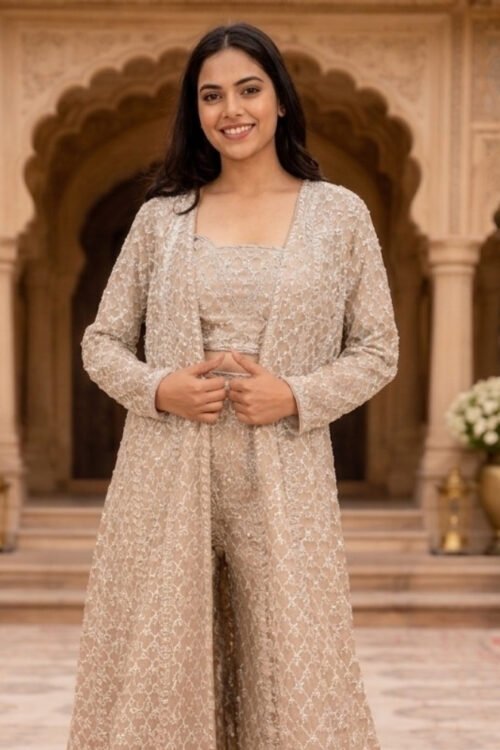 Ivory Cream Tissue Indo-Western Set with Hand Embroidery