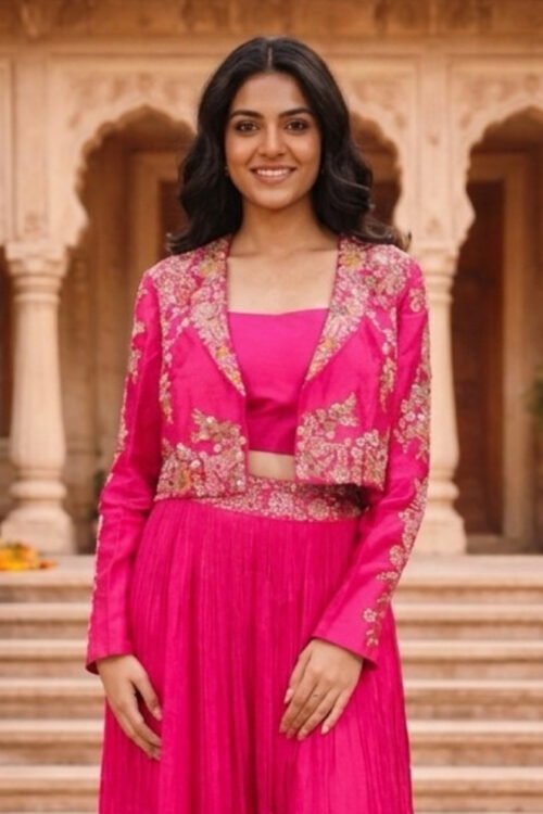Royal Pink Silk Indo Western with Hand Embroidered Jacket