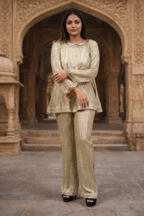 Cream Georgette Hand-Embroidered Co-ord Set with Tassel Detailing