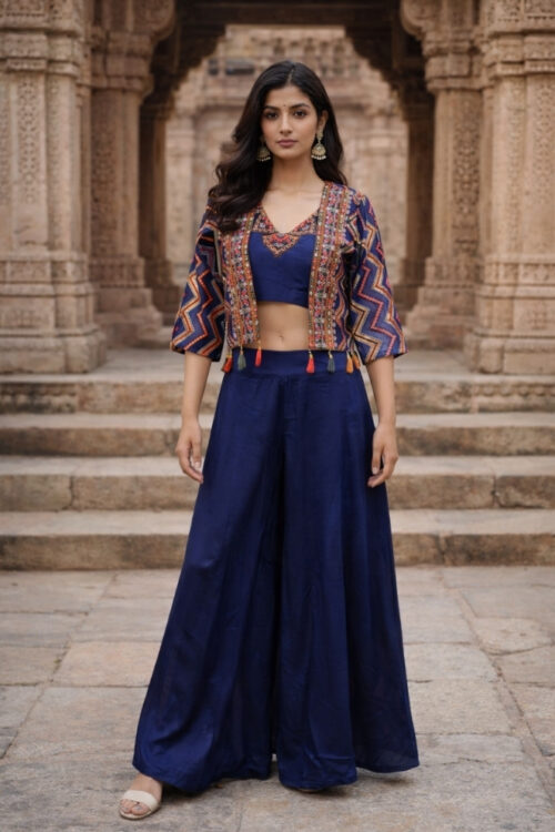 Blue Georgette Crop Top Cape Set with Embroidered Jacket
