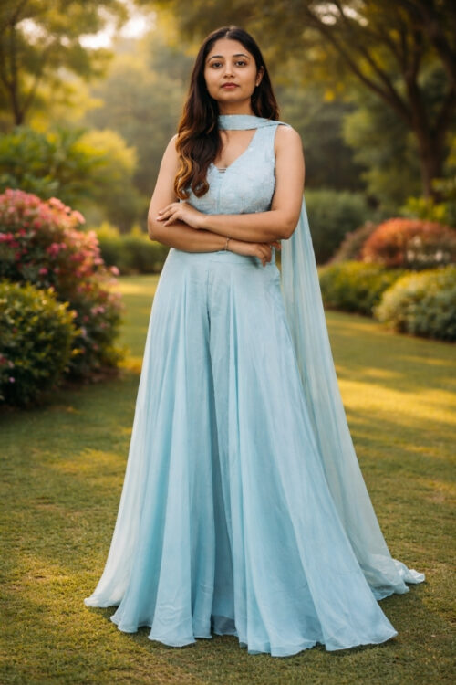 Blue Chiffon Crop Top Palazzo Set with Dupatta