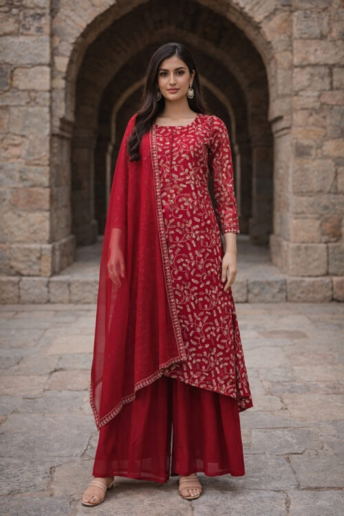 Maroon Georgette Embroidered Palazzo Suit with Dupatta