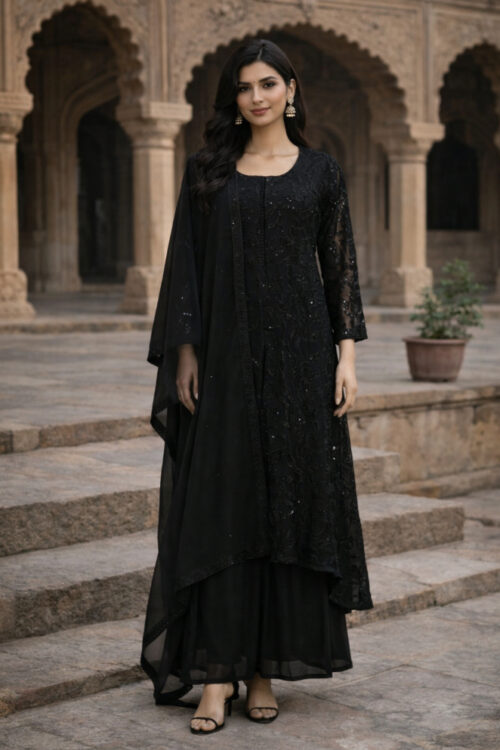 Black Silk Embroidered Kurti Palazzo Set with Dupatta