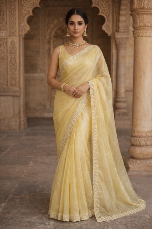 Yellow Glass Tissue Saree with Pearl, Cut Dana & Diamond Embroidery