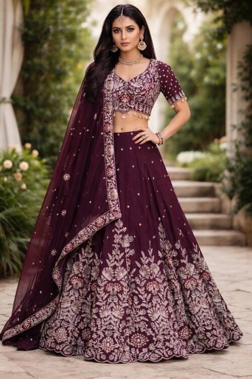 Wine Georgette Lehenga Choli with Pearl, Sequins & Mirror Embroidery