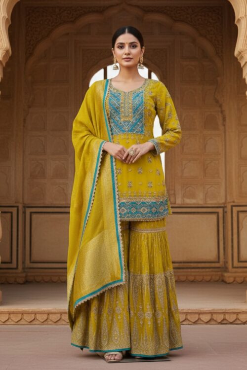 Parrot Green Georgette Sharara Suit with Zardosi & Kasab Work