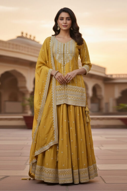 Yellow Silk Gharara Set with Embroidered Top & Dupatta
