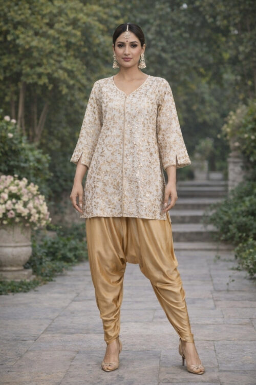 Cream Silk Indo Western Dhoti Set with Embroidered Top