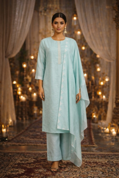 Aqua Cotton Handwork Kurti Set with Pant & Dupatta