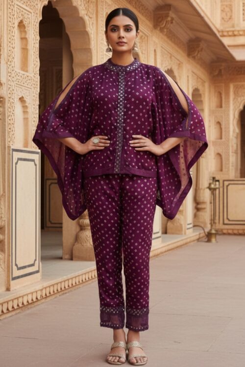 Purple Gaji Silk Co-ord Set in Bandhej print with Beads work