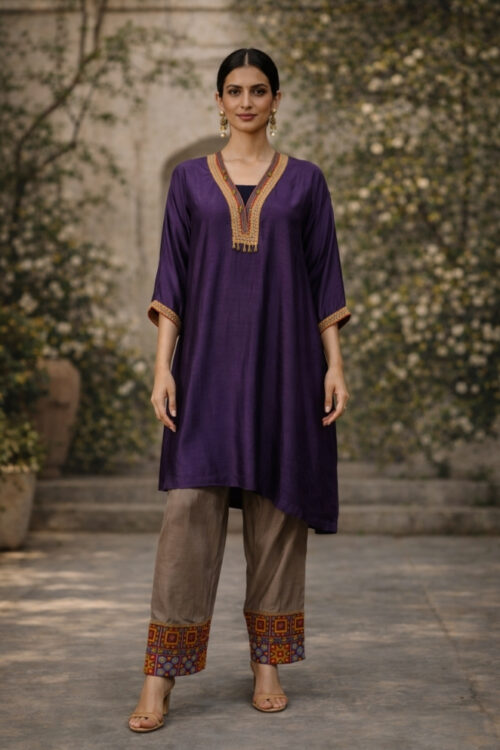 Kaftan Style Purple Silk Palazzo Suit set