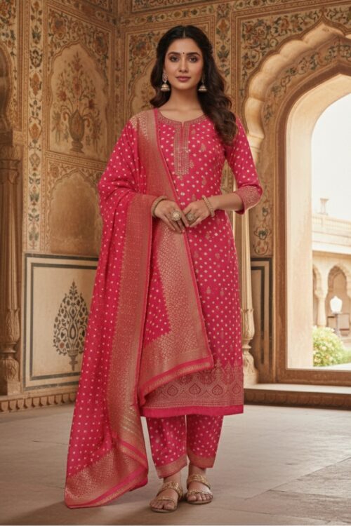 Carrot Pink Bandhej Silk Dress Material Set