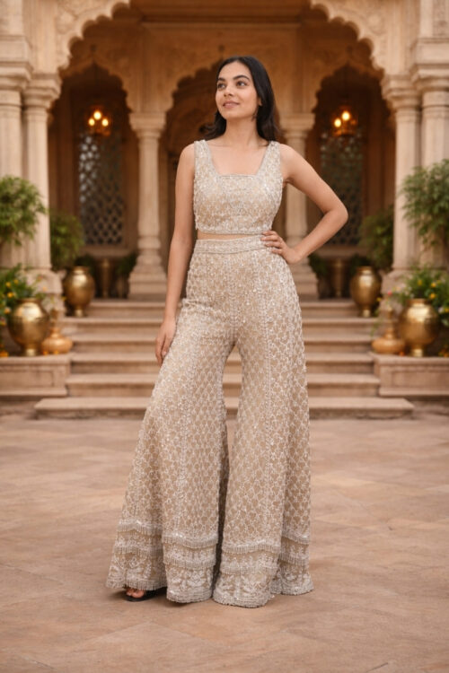 Ivory Cream Tissue Indo-Western Set with Hand Embroidery