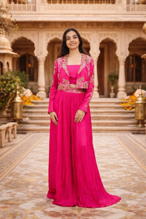 Royal Pink Silk Indo Western with Hand Embroidered Jacket