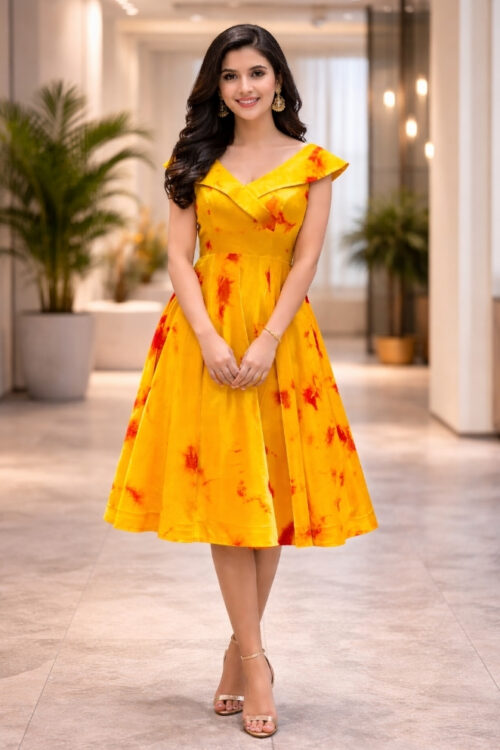 Yellow Multi Shibori Print Satin Frock