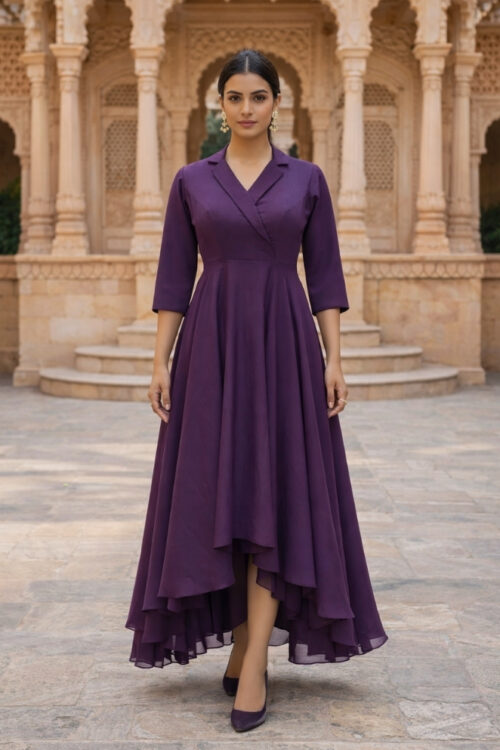 Violet Shimmer Georgette Asymmetrical Blazer Collar Maxi Dress
