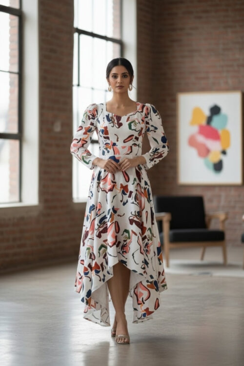 White Multi Abstract Print Satin Dress with Full Sleeves