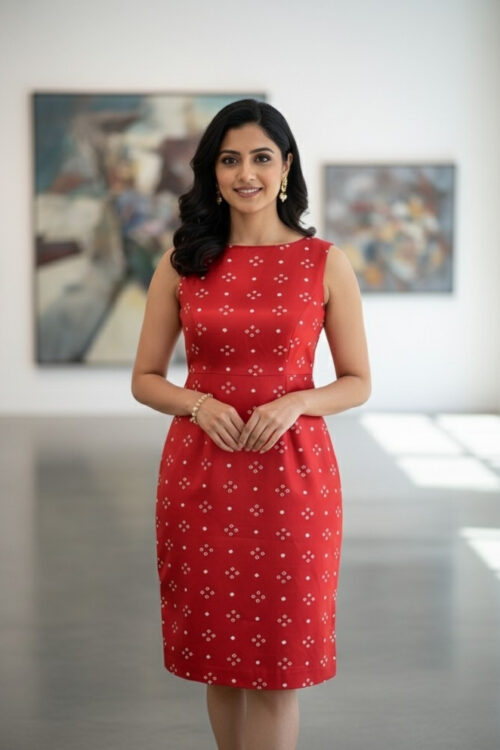 Red Bandhej Gaji Silk Midi Dress