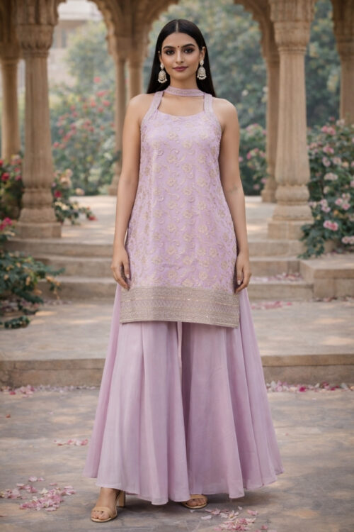 Pink Banarasi Silk Top and Palazzo Set with Chokar Style Dupatta