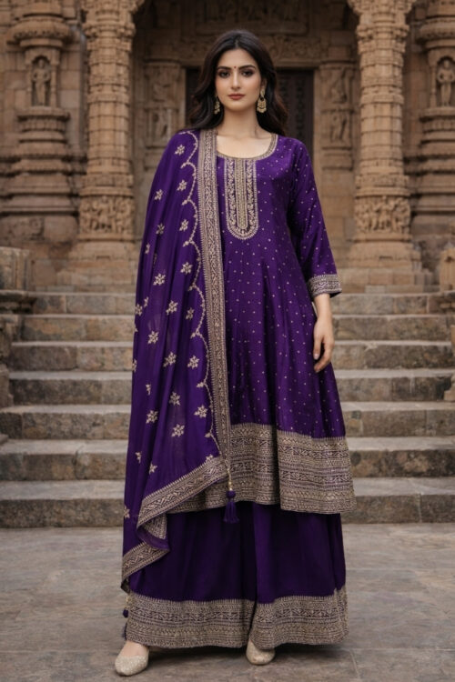 Purple Silk Anarkali Suit with Palazzo & Dupatta