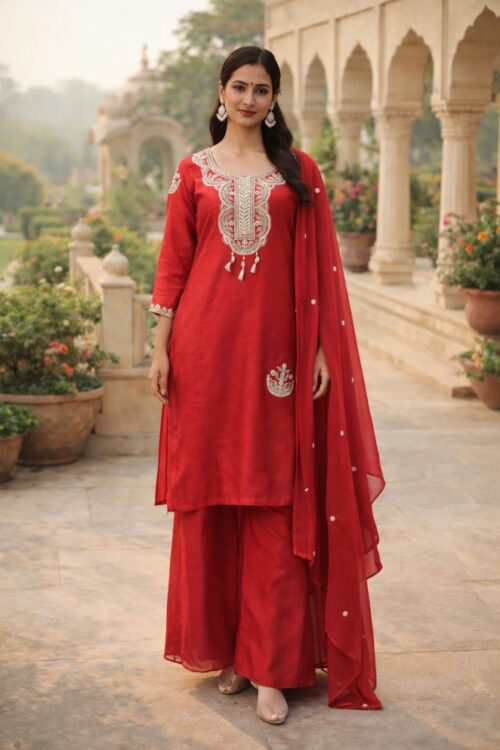 Red Raw Silk Palazzo Suit Set with Dupatta
