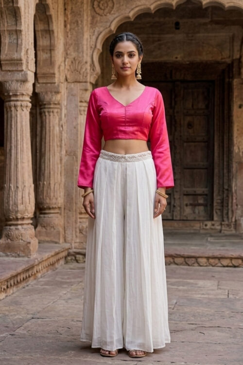 Cherry Full Sleeves Blouse in Satin with V Neckline