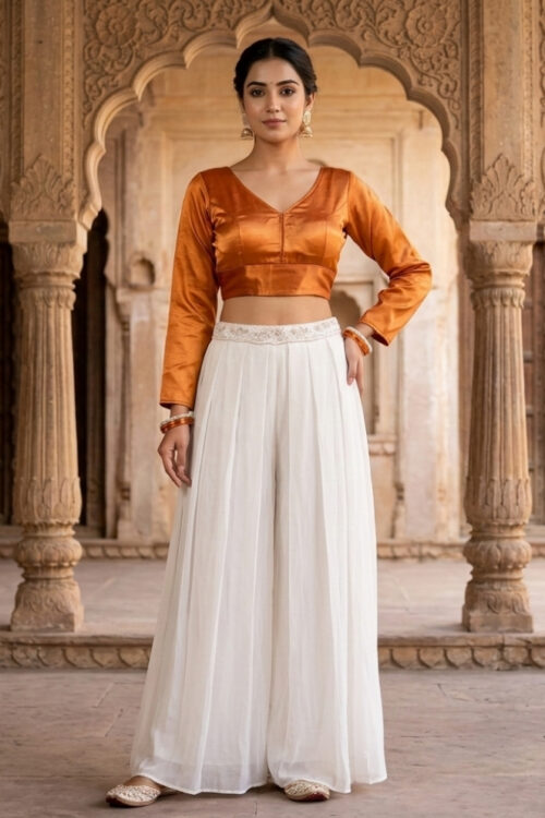 Mustard Full Sleeves Blouse in Satin with V Neckline