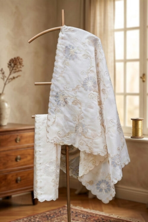 Beige Tissue Dupatta with Cutwork Border