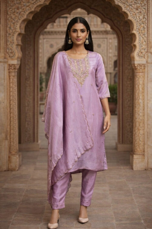 Purple Cosmo Handwork Straight Suit Set with Cutdana & Zardosi Embroidery