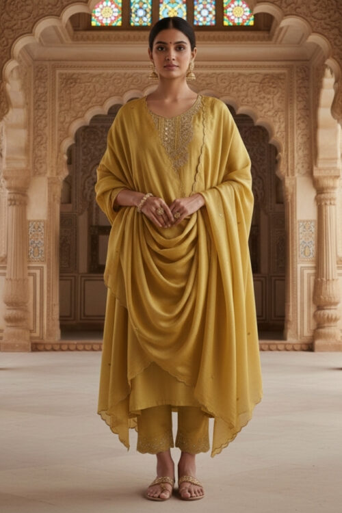 Yellow Cosmo Handwork Straight Suit Set with Cutdana & Zardosi Embroidery