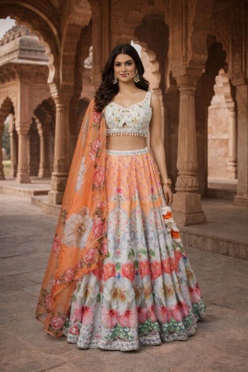 White Printed Lehenga with Sequins, Pearls & Mirror Work