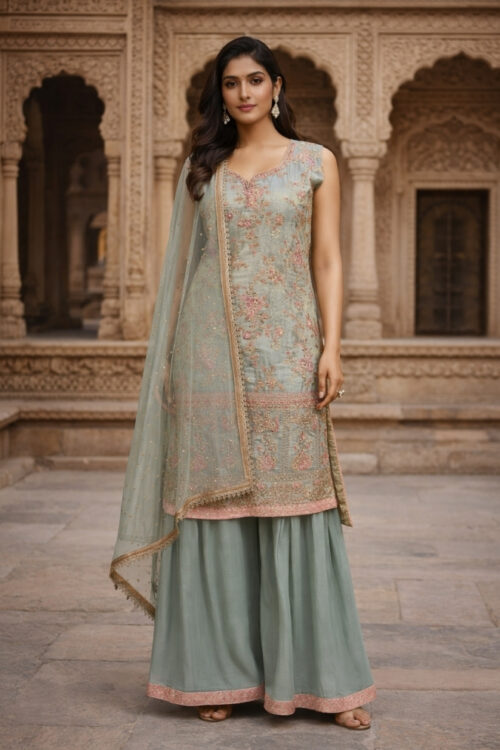 Gray Georgette Sharara Suit with Mirror & Beads Embroidery