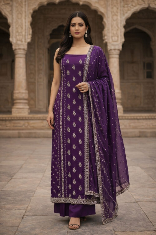 Purple Silk Dress Material with Zardosi, Cutdana & Bead Handwork