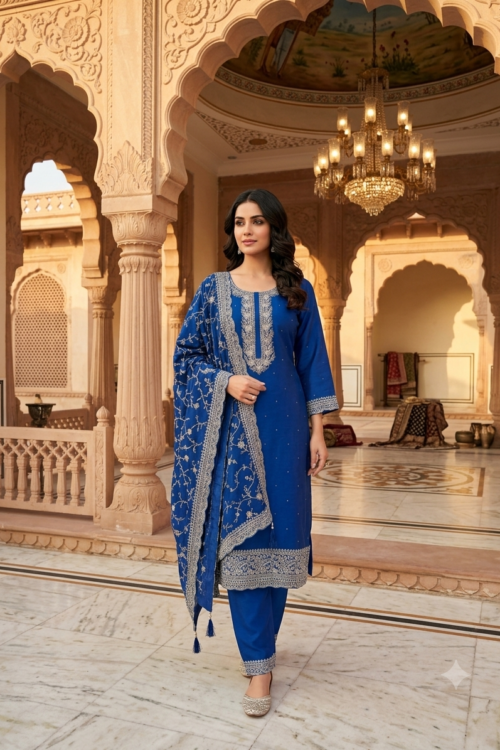 Teal Blue Embroidered Chinon Straight Salwar Suit with Dupatta