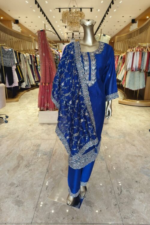 Teal Blue Embroidered Chinon Straight Salwar Suit with Dupatta