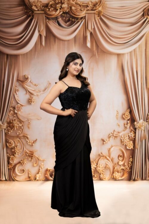 Black Satin Draped Gown with One Shoulder Strap