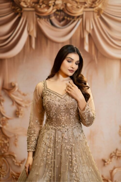 Golden Net Designer Gown with Sweetheart Neck & Full Sleeves