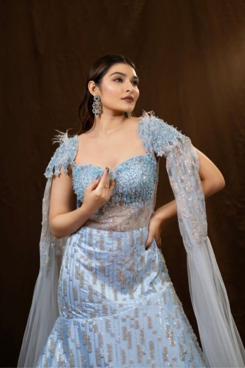 Sky Blue Fish Tail Gown with Flared Sleeves