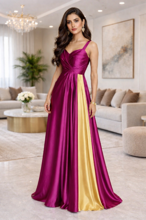 Magenta & Golden Satin Draped Gown