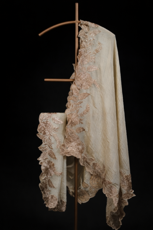 Ivory Tissue Dupatta with Golden Cutwork Lace Border